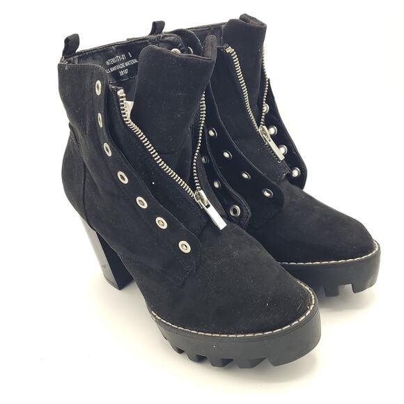 Bamboo Black 4.5" Block High Heel Round Toe Lace Up Ankle Boots Women Size 8 - Picture 2 of 9